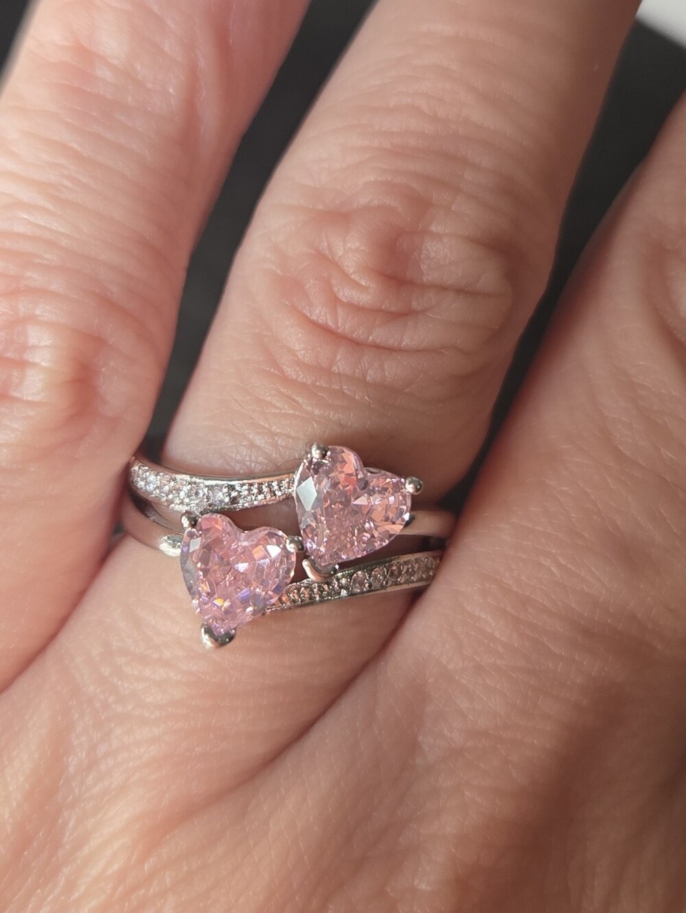 Double Heart Pink Gemstone CZ Ring - Silver Tone Size 6 NIB